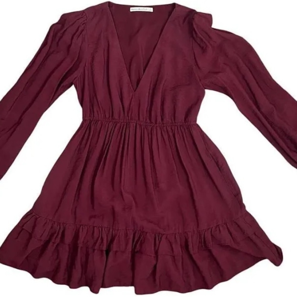 Abercrombie & Fitch Burgundy V-Neck Long-Sleeve Tiered Mini Dress